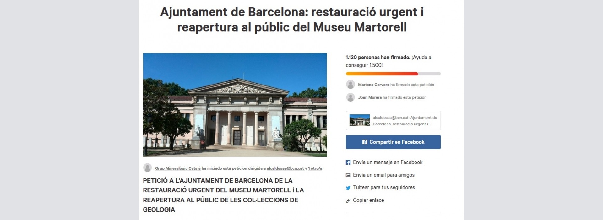 Necessitem firmes! Ajuntament de Barcelona: restauració urgent i reapertura al públic del Museu Martorell